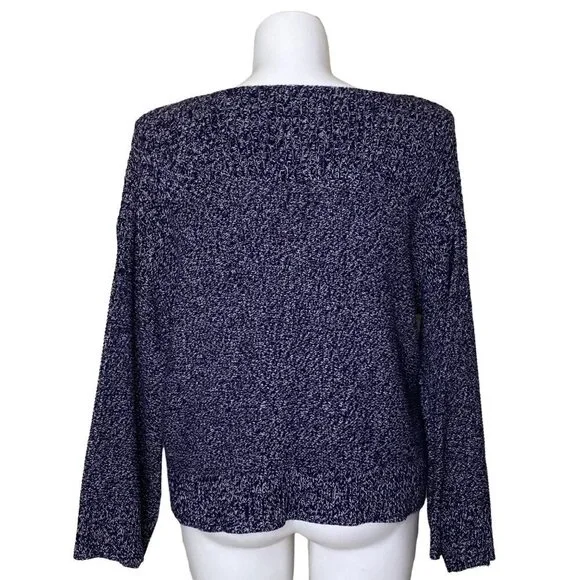 Loft Black White Marled Pullover Sweater Long Flare Sleeve Cotton Women's Size L - Picture 5 of 9